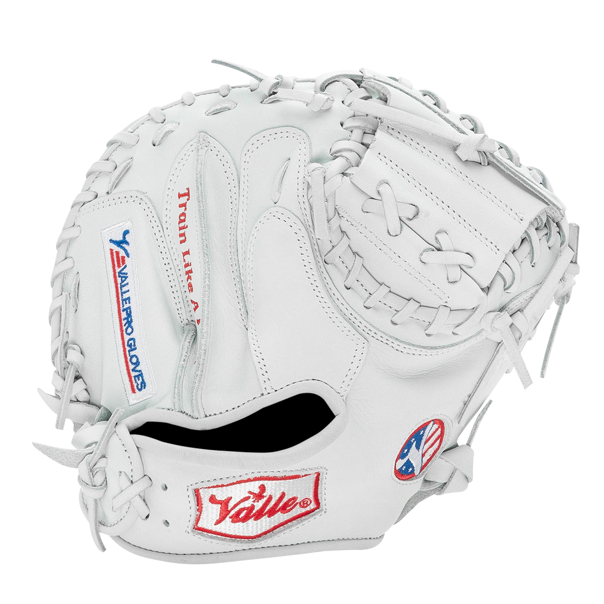 Valle Eagle Pro 27WT weighted 27 inch catchers training mitt in white Japanese kip leather, back view