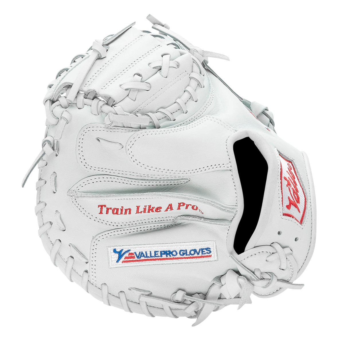 Valle Eagle Pro 27WT weighted 27 inch catchers training mitt in white Japanese kip leather, finger side view