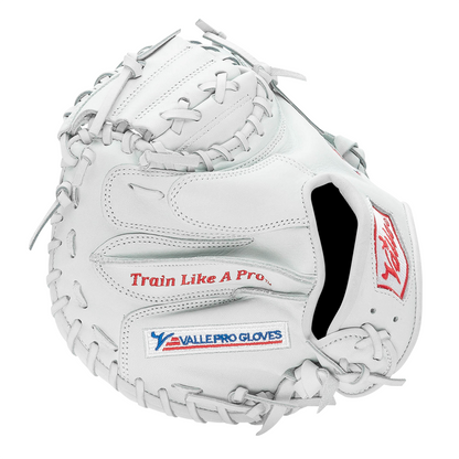 Valle Eagle Pro 27WT weighted 27 inch catchers training mitt in white Japanese kip leather, finger side view