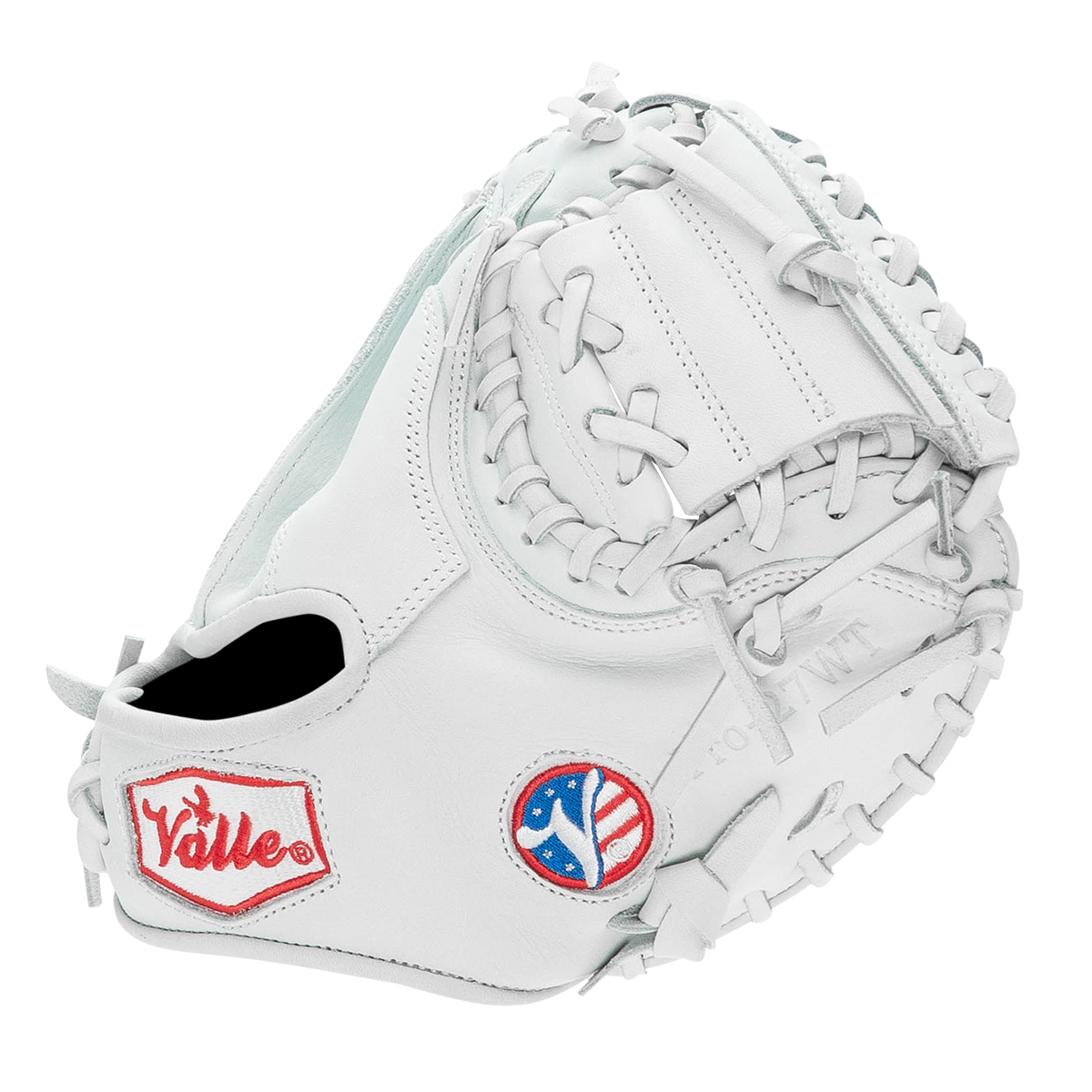 Valle Eagle Pro 27WT weighted 27 inch catchers training mitt in white Japanese kip leather, thumb side view