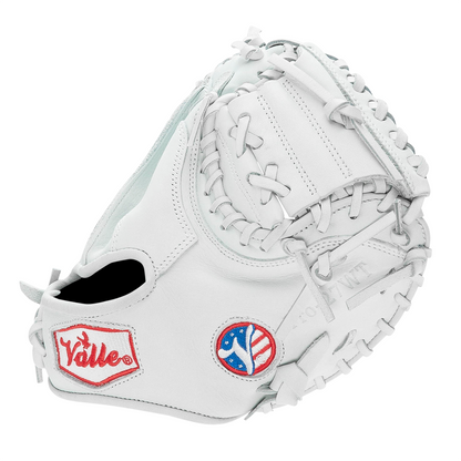 Valle Eagle Pro 27WT weighted 27 inch catchers training mitt in white Japanese kip leather, thumb side view