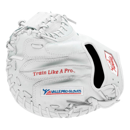Valle Eagle Pro 29 29 inch catchers training mitt in white Japanese kip leather, finger side view