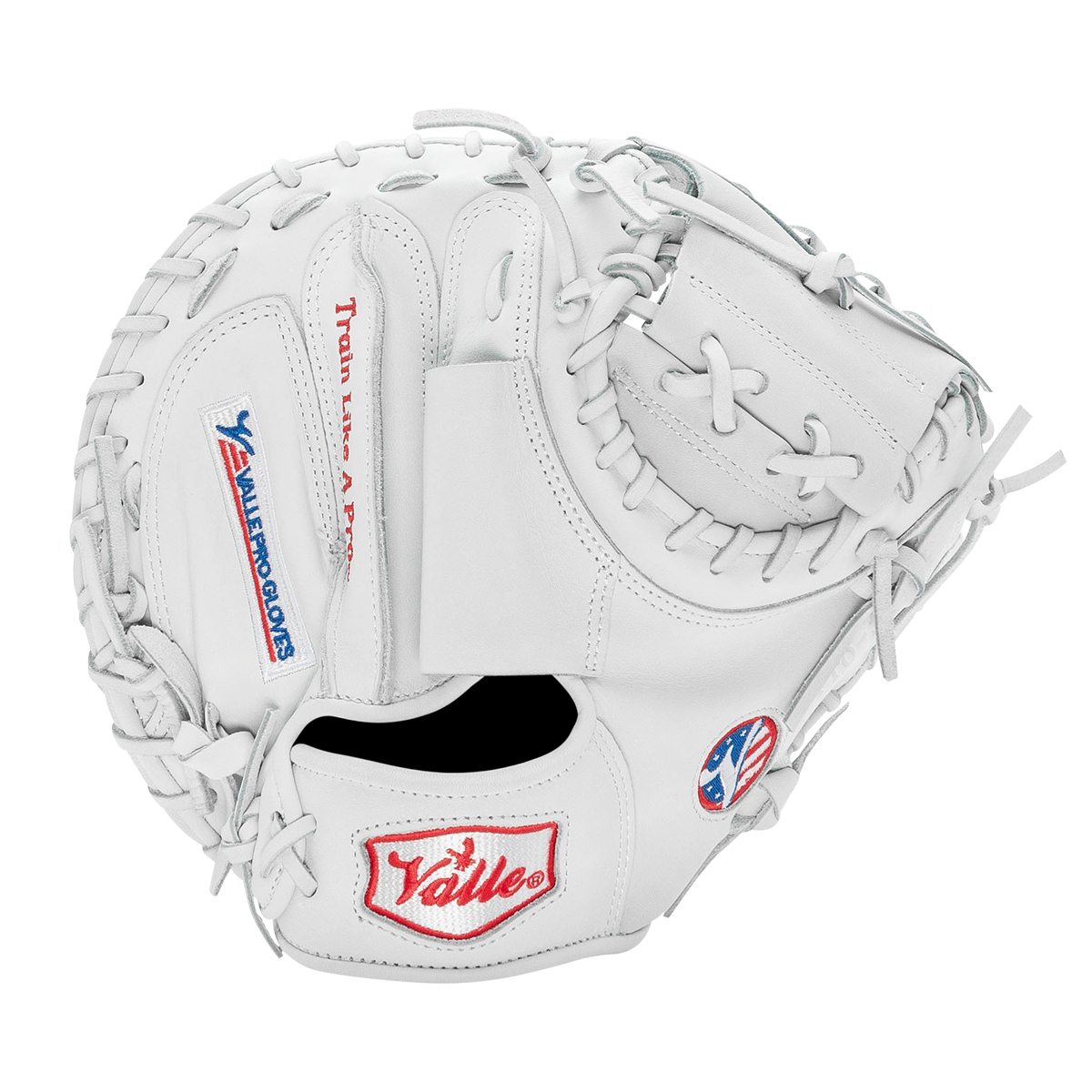 Valle Eagle Pro 32WT weighted 32 inch catchers training mitt in white Japanese kip leather, back view
