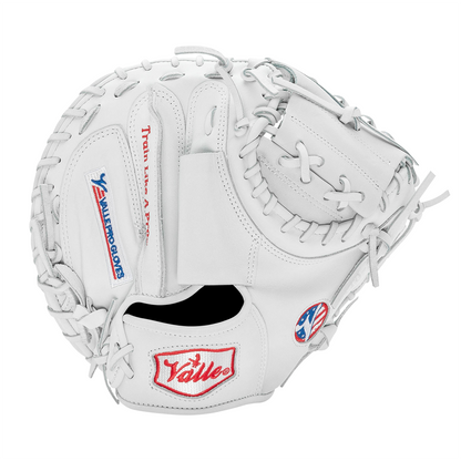 Valle Eagle Pro 32WT weighted 32 inch catchers training mitt in white Japanese kip leather, back view