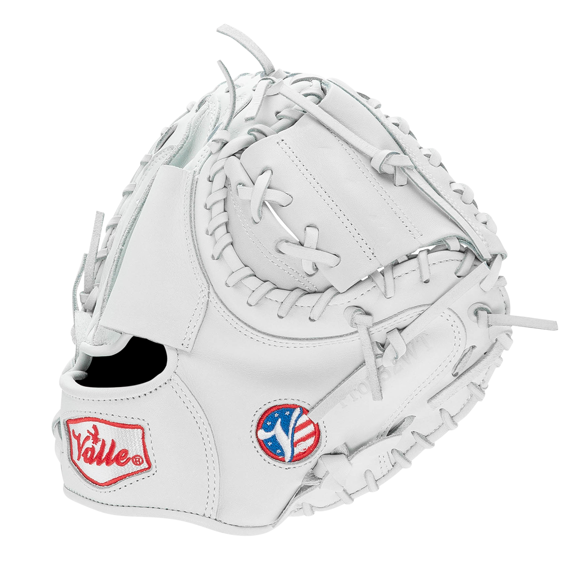 Valle Eagle Pro 32WT weighted 32 inch catchers training mitt in white Japanese kip leather, thumb side view