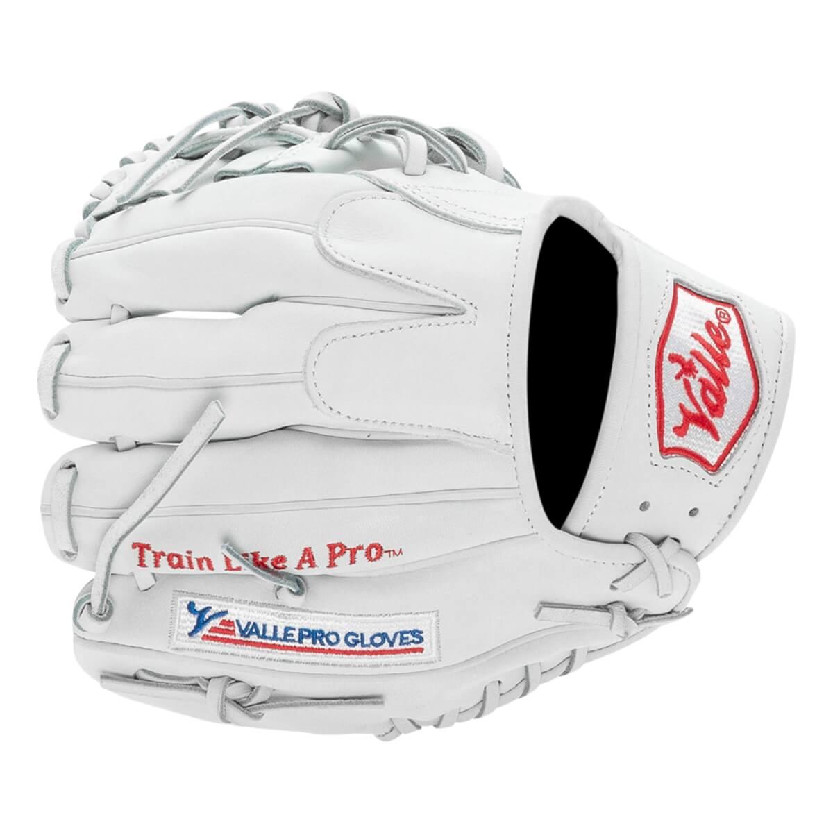 Valle Eagle Pro 975WT weighted 9.75 inch infield training glove in white Japanese kip leather, finger side view
