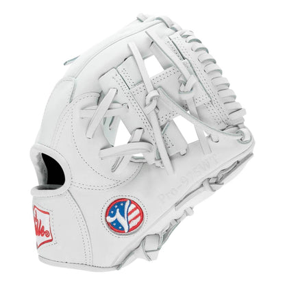 Valle Eagle Pro 975WT weighted 9.75 inch infield training glove in white Japanese kip leather, thumb side view