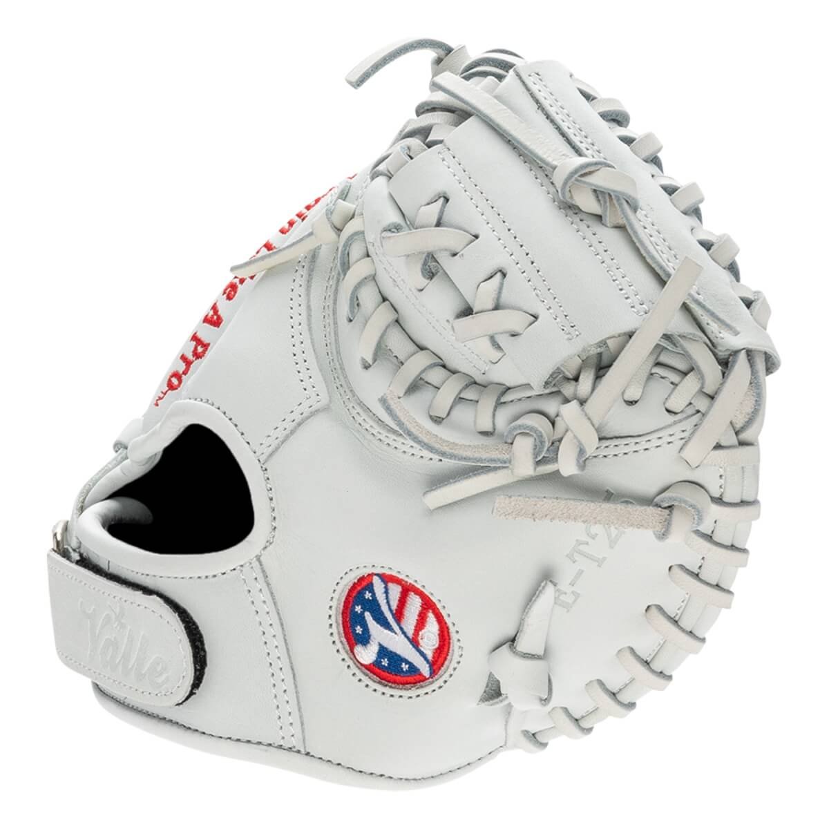Valle Eagle T25 catcher's training mitt, seen from the thumb side with the Valle patch
