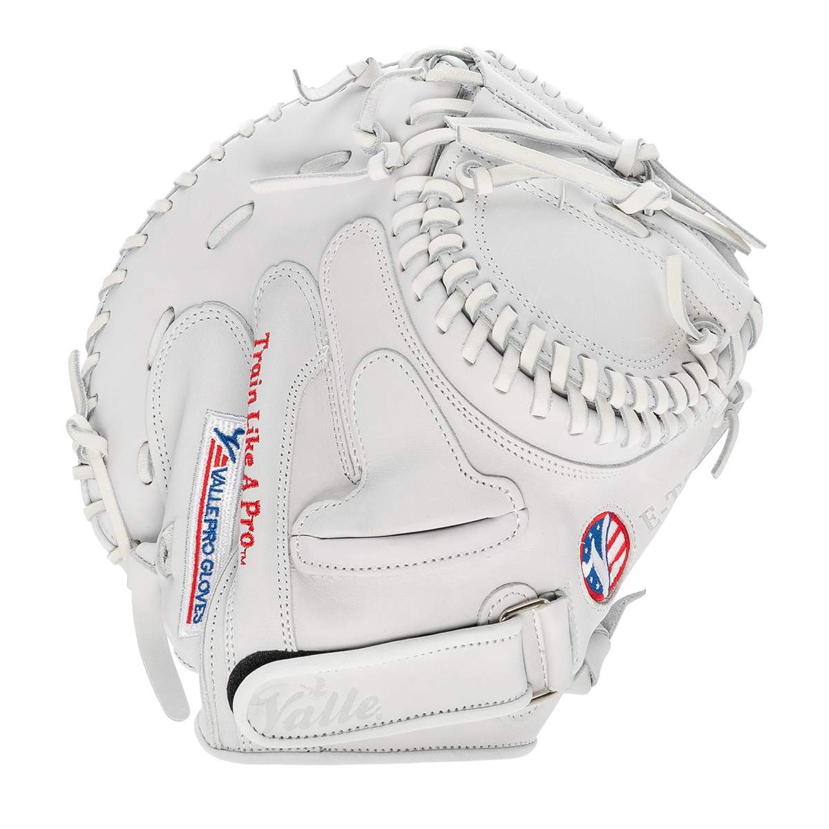 Valle Eagle T28S 28 inch softball catchers training mitt in white leather, back view