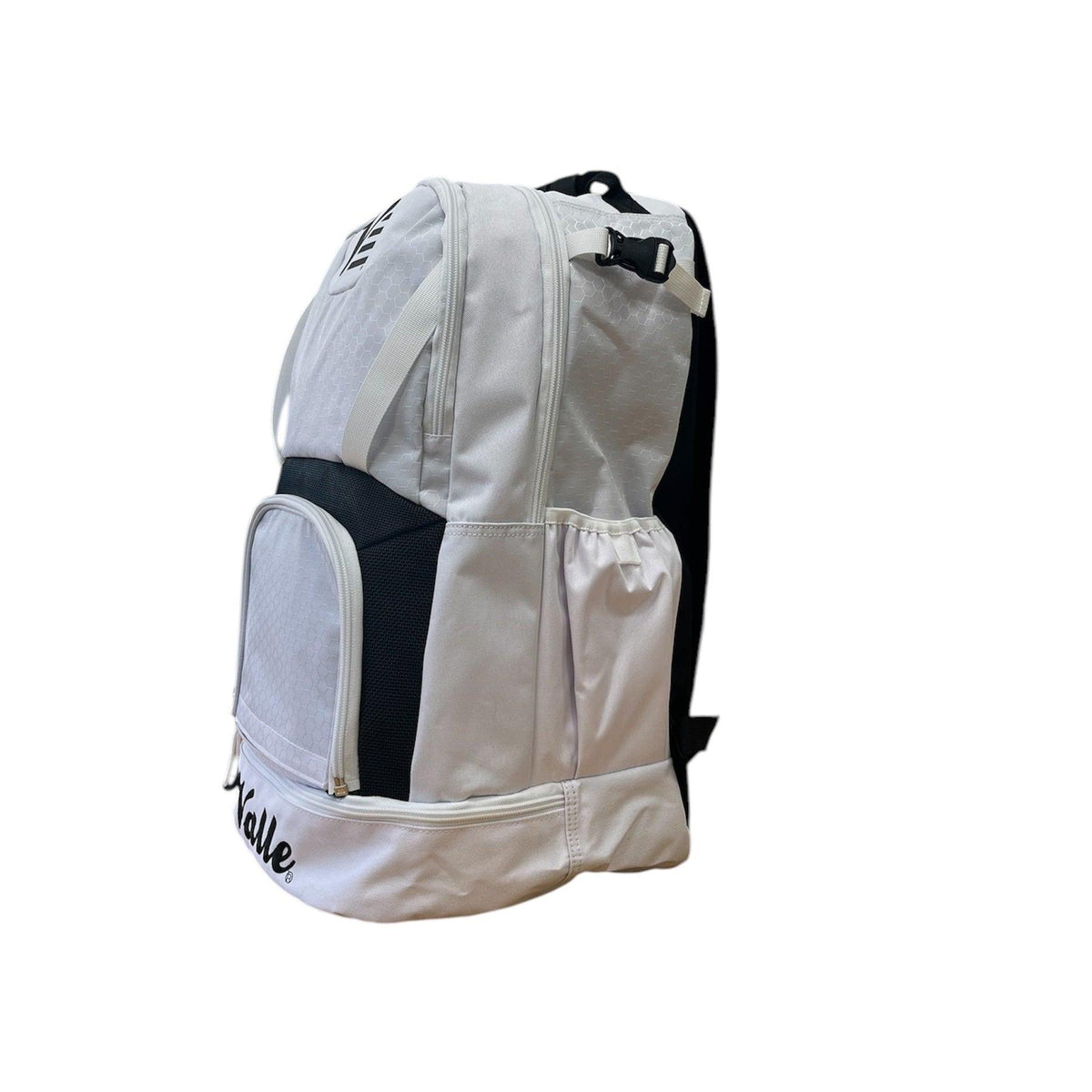 Side view of the Valle Eagle White Baseball Backpack showing the side pocket and bottom compartment