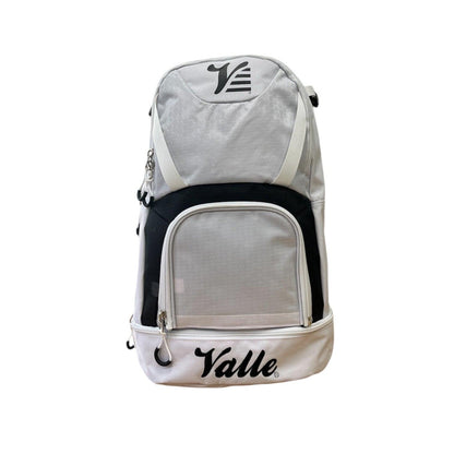 Valle Eagle White Baseball Backpack with its black center panel and mesh trim, studio front view
