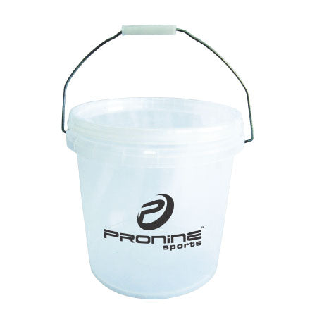 A clear plastic ProNine wet weather ball bucket with a sealed lid and carry handle.