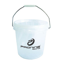 A clear plastic ProNine wet weather ball bucket with a sealed lid and carry handle.