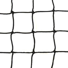 Close-up of black knotted square netting.