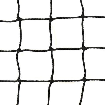 Close-up of black knotted square netting.