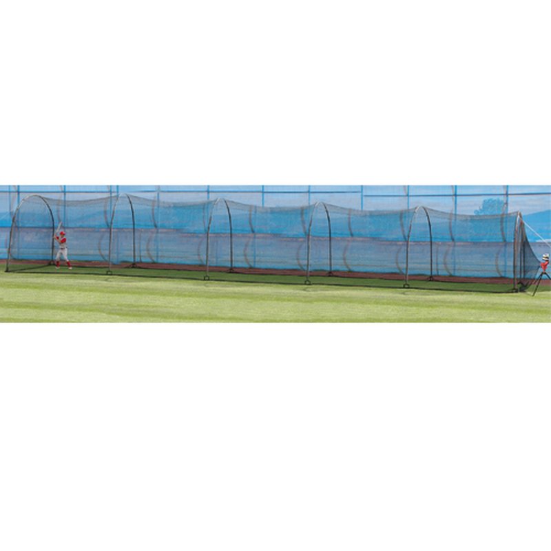 A long black netted backyard batting cage on a green lawn, seen from the side.