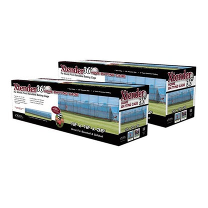 Two retail boxes for Xtender batting cages, printed with photos of the cage, stacked on a white background.