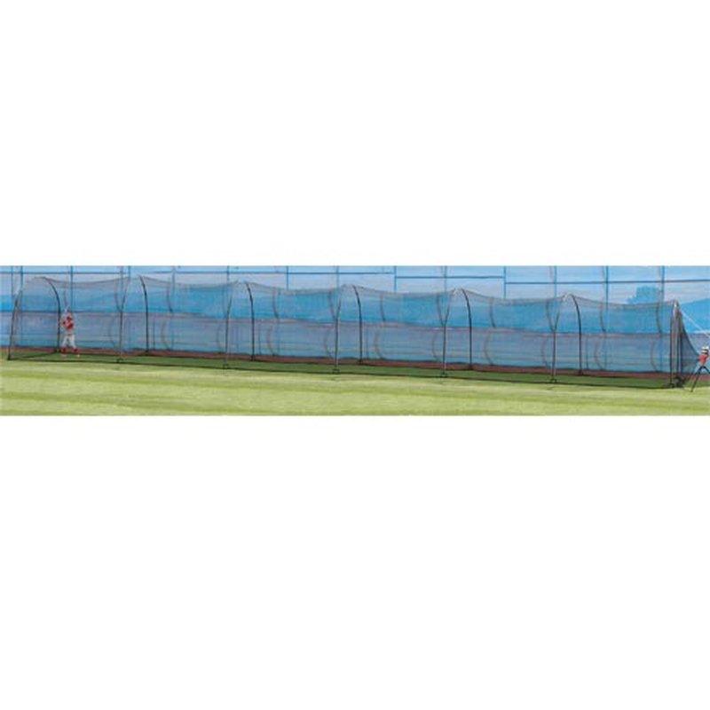 A very long black netted backyard batting cage on a green lawn, seen from the side.